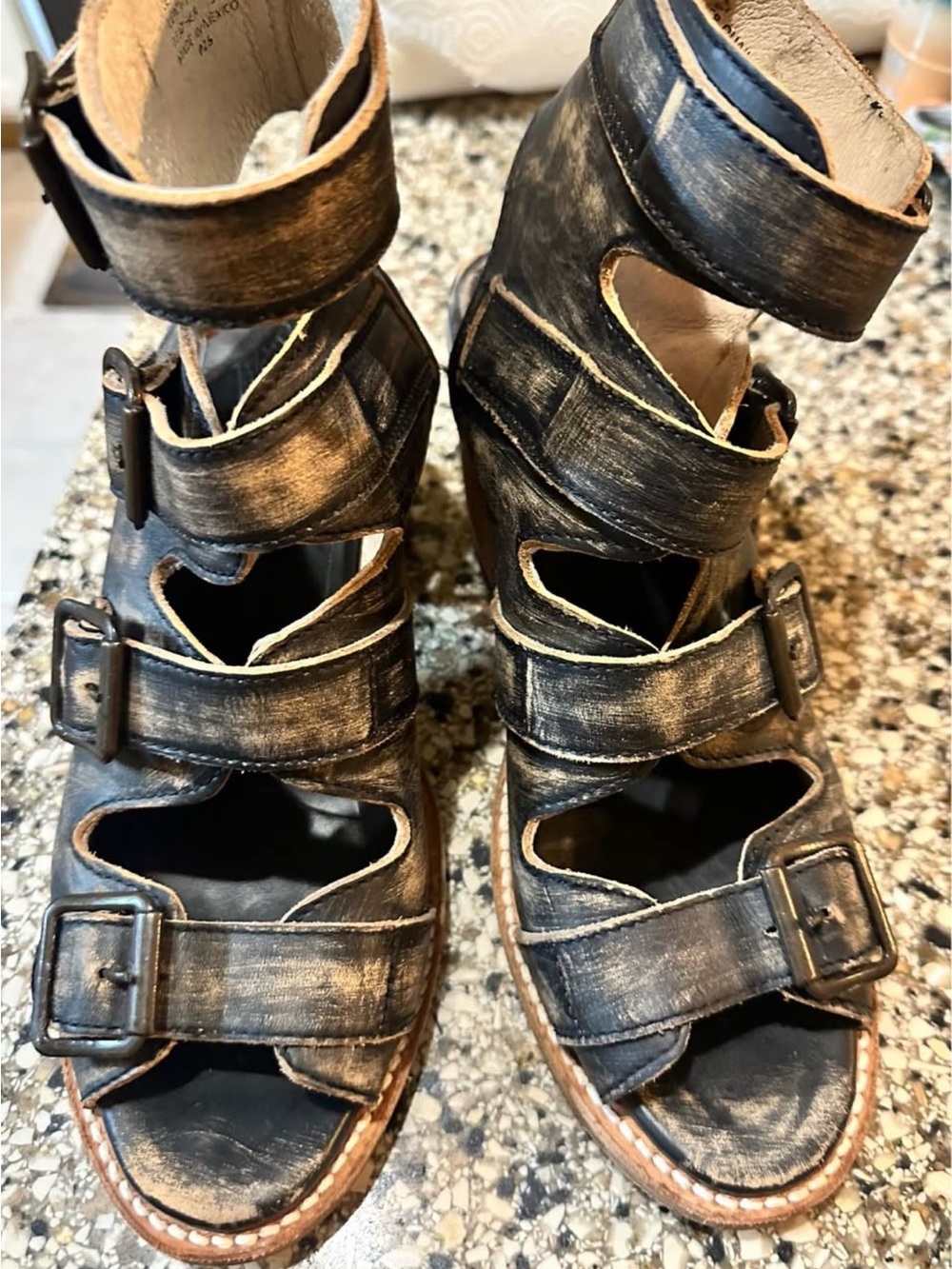 Freebird by Steven Distressed Black and Gold-Accent Strappy Buckle Sandals